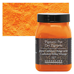 Sennelier Dry Pigment - Cadmium Yellow Orange, 120 g jar and swatch