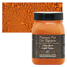 Sennelier Dry Pigment - Gold Ochre, 110 g jar and swatch