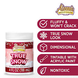 Fluffy and won't crack, true snow look, dimensional, tintable with acrylic paint, nontoxic.