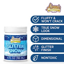Fluffy and won't crack, true snow look, dimensional, glitter finish, and nontoxic.