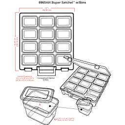 ArtBin Super Satchel with Tubs (illustration of case and tubs with corresponding dimensions)