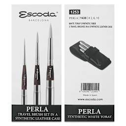 Escoda Perla Toray White Synthetic Travel Brushes - Set of 3, Round, front and back of packaging