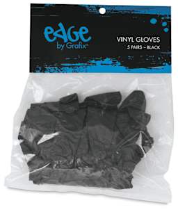 Grafix Edge Vinyl Gloves - Package of 10 Black gloves shown in bag with hang tag 