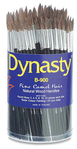Dynasty Fine Camel Hair Brush Set - 120 Assorted Round brushes shown upright in open container