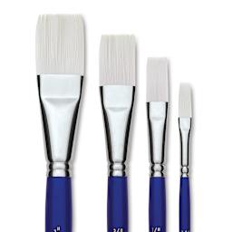 Blick Scholastic Wonder White Synthetic Brushes-One Stroke Set of 4, Short Handles. Brushes in row.