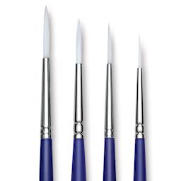 Blick Scholastic Wonder White Synthetic Brushes - Script, Short Handle, Set of 4. Row of brushes.