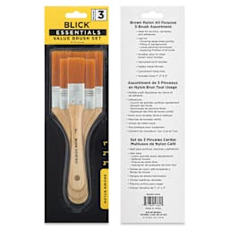 Blick Essentials Value Brush Set - Utility Brushes, Brown Nylon, Set of 3, front and back of packaging
