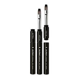 Synthetic Squirrel Watercolor Brush - 3 Travel Flats shown, 1 closed, 1 open, and 1 separated