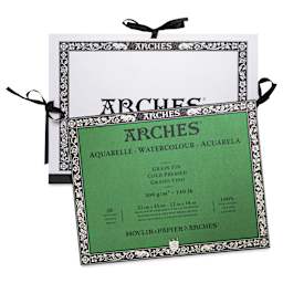 Arches Aquarelle Watercolor Block and Portfolio Set - Blick Exclusive! 12" x 16", 140 lb, Cold Press, 20 Sheets watercolor block in front of portfolio