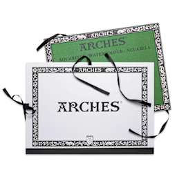 Arches Aquarelle Watercolor Block and Portfolio Set - Blick Exclusive! 12" x 16", 140 lb, Cold Press, 20 Sheets portfolio in front of watercolor block