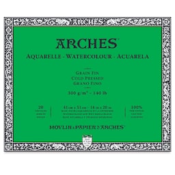 Arches Watercolor Block - Cold Press, 16" x 20", 140 lb (300 gsm), 20 sheets. Green cover.