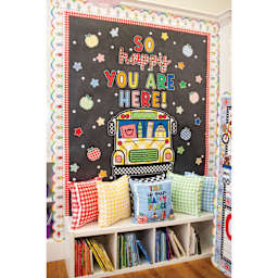 Fadeless Schoolgirl Style Bulletin Paper - Chalk and Dots, 47-1/4" x 25' Roll, example in classroom
