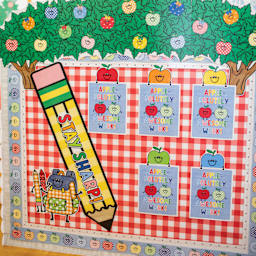 Fadeless Schoolgirl Style Bulletin Paper - Red Cottage Gingham, 47-1/4" x 25' Roll, bulletin in classroom
