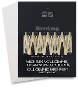 Bienfang Calligraphic Parchment Paper - Cover of White Paper pad shown, with fan of sheets behind
