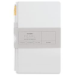 Blackwing Slate Notebooks - Front view of packaged blank Pearl notebook with pencil