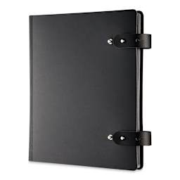 Prat Leather Spiral Presentation Book - 17" x 11", Double Tab Closure, Black, Portrait shown at an angle