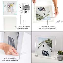 Includes instructions for easy install. Place art or photo between acrylic panels. Secure anchors into pre-drilled holes.