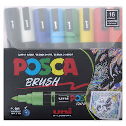 Posca Brush Paint Markers - Set of 16, Assorted Colors, Brush Tip, front of the packaging