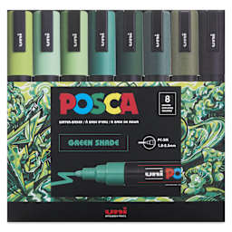 Posca Paint Markers - Set of 8, Green Shade Colors, Medium Bullet Tip, front of the packaging