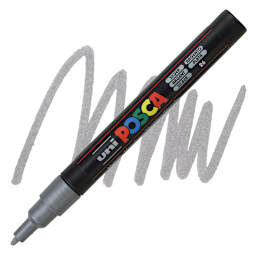 Uni Posca Paint Marker - Silver, Fine, Bullet Tip, 0.9mm-1.3mm marker and swatch