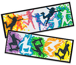 In the genre of Street Art, "Stencil Graffiti" allows an artist to pre-design a piece and then rapidly create multiple prints that suggest movement. Students learn how to design and cut a basic stencil, then use felt-tip "daubers" to quickly fill them in.