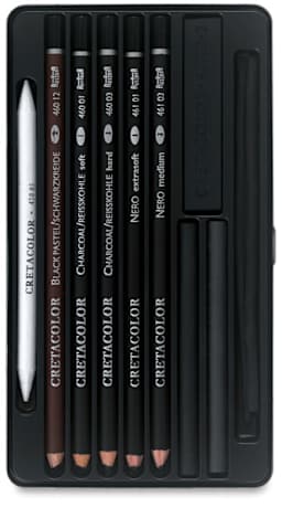 Noir Charcoal Drawing Set - Components of set shown in open tin