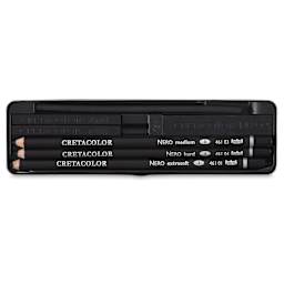 Cretacolor Nero Deep Black Pencils and Set - Components of set shown in storage tray
