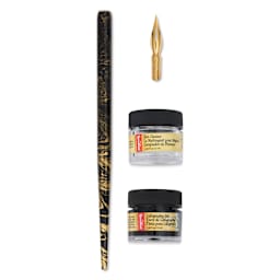Speedball Signature Series Calligraphy Pen Set - Black Ink and Cleaner, contents laid out