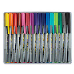 Edding 55 Fineliner Pens - Components of Set of 16 pens shown in storage tray