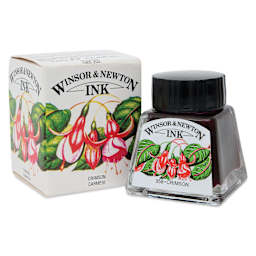 Winsor & Newton Drawing Ink - Crimson, 14 ml bottle and packaging
