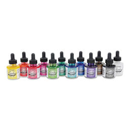 Dr. Ph. Martin's Bombay India Ink Set - 1 oz, Round Set, Set of 12 bottles lined up