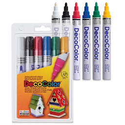 Decocolor Paint Markers - Set of 6, Primary Colors, Broad Tip, packaging and contents