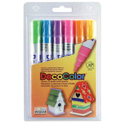 Decocolor Paint Markers - Set of 6, Hot Colors, Broad Tip, packaging