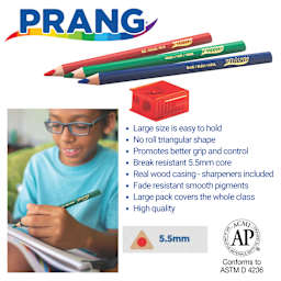 Prang. Large size is easy to hold. No roll triangular shape. Promotes better grip and control. Break resistant 5.5 mm core. Real wood casing, sharpeners included. Fade resistant smooth pigments. Large pack covers the whole class. High quality.