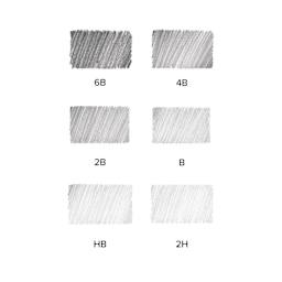 Blick Studio Drawing Pencils - Class Pack of 144, Swatch example of 6B, 4B, 2B, B, HB, 2H — the pencils included in set.