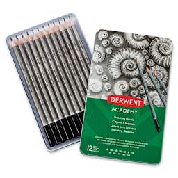 Derwent Academy Sketching Pencil Set - Set of 12 pencils shown in storage tray with lid adjacent