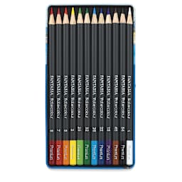 Fantasia Watercolor Pencils - 12 Watercolor pencils shown in open storage tray