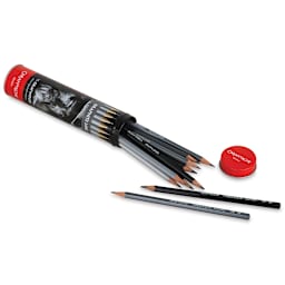 Caran d'Ache Grafwood Pencils and Sets - View of 15 pc set of pencils partially out of Metal Storage Tube