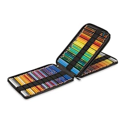 Speedball Canvas Pencil Case - Black, for 120 Pencils, showing colored pencils inside (not included)