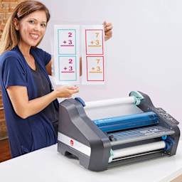 GBC Ultima 35 EZload Laminator - 12" with completed laminations of math problem flashcards