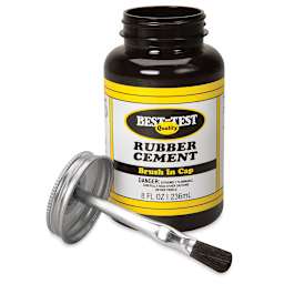 Best-Test Rubber Cement - Front view of 8 oz Jar, open showing Lid and attached brush