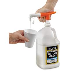Blick Glue Pump, hand pressing down on the pump to pour glue out of a jug (not included) 