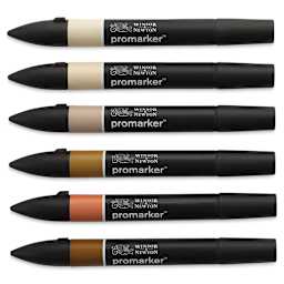 Winsor & Newton Promarker - Skin Tones 2, Set of 6, laid out with caps on