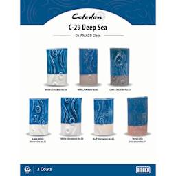 Celadon C-29 Deep Sea On AMACO Clays. White Chocolate No. 16, Milk Chocolate No. 30, Dark Chocolate No. 32, A-Mix White Stoneware No. 11, White Stoneware No. 38, Buff Stoneware No. 46, Terra Cotta Stoneware No. 77, 3 Coats.