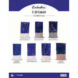 Celadon C-20 Cobalt On AMACO Clays. White Chocolate No. 16, Milk Chocolate No. 30, Dark Chocolate No. 32, A-Mix White Stoneware No. 11, White Stoneware No. 38, Buff Stoneware No. 46, Terra Cotta Stoneware No. 77, 3 Coats.