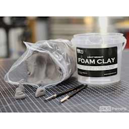 SKS Props Lightweight Foam Clay - 300 g Bucket showing packaging beside opened contents (shown clay tools sold separately)