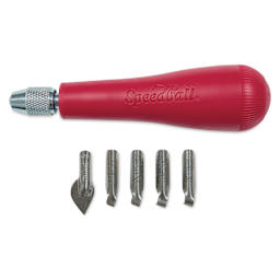 Speedball Linozip Safety Lino Cutters - Set of 5, with Lino Handle, laid out