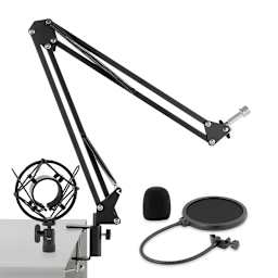 Smith-Victor Studio Podcast System (Boom stand on desk, Shown with shock mount, pop filter, and windscreen)