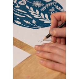 Pebeo Linocut Paper Block - A4, Bamboo with applied design being marked with pencil