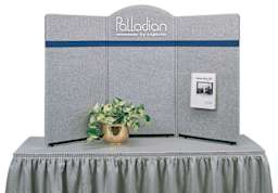 Expostar Palladian Tabletop Displays - 3 panel in Gray/Blue stripe, set up on show table